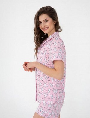 Пижама с коротким рукавом и шортами кролики розовая