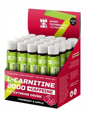 Жиросжигатели Карнитин и кофеин со вкусом брусники и яблока L-Carnitine 2000+caffeine cowberry & apple SportTehnology 20 ампул по 25 мл.