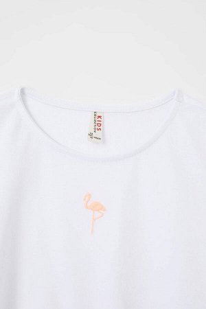 Укороченная футболка с коротким рукавом для девочек с принтом фламинго