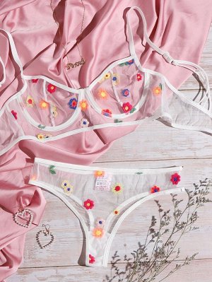 Комплект сетчатого женского белья на косточках с цветочным рисунком
