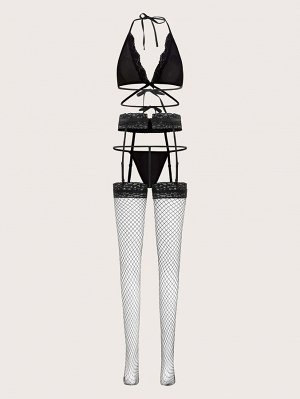 Прозрачный сетчатый комплект женского белья и подвязки с кольцом для ног и чулками