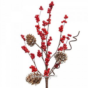 Декоративная ветка с шишками и красными ягодами Ягодный Шейк 30 см (Kaemingk)
