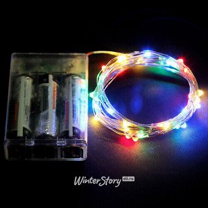 Светодиодная гирлянда Капельки на батарейках 30 разноцветных мини LED ламп 1.8 м, серебряная проволока, контроллер, IP20 (Snowhouse)