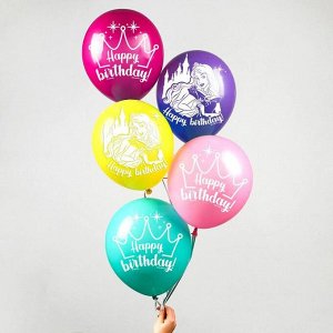 Воздушные шары "Happy Birthday" Принцессы Дисней корона(набор 5 шт