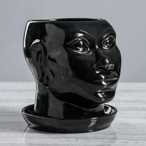 Кашпо "Голова африканки", глянец, чёрное, керамика, 1.4 л