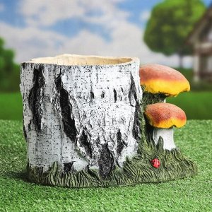 Кашпо "Пень берёзовый с грибами", разноцветное, полистоун, 6 л