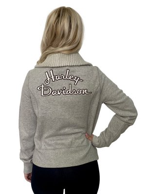 Женская куртка пиджак Harley-Davidson – высокий ворот, ровный серый цвет, брендовая аппликация №2038
