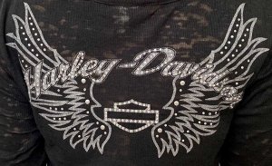 Женственный реглан Harley-Davidson – полупрозрачная шик с мото-логотипом, стразами и парой кокетливых пуговичек на груди №1035