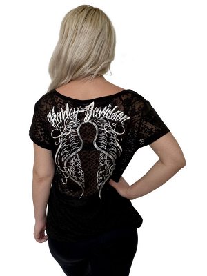 Полупрозрачная женская футболка Harley-Davidson – раскрепощенный летний вариант с приспущенной линией плеч №1049