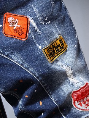 Аппликация Разрезы Хэллоуин Лозунг Мужские джинсовые шорты
