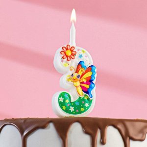 Свеча для торта "С Бабочкой", 12 см, разноцветная цифра "3"
