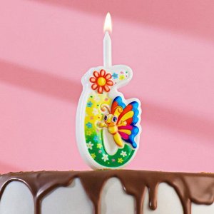 Свеча для торта "С Бабочкой", 12 см, разноцветная цифра "6"