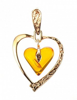 Золотой кулон-сердце с изящно подвешенной вставкой коньячного янтаря