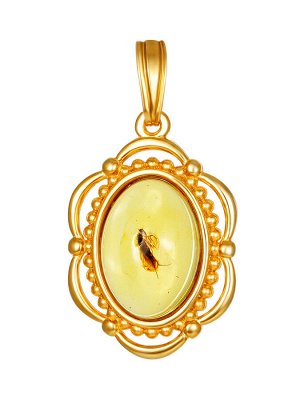 Ажурная подвеска из прозрачного лимонного янтаря с включением насекомого «Клио»