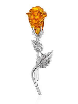 Изящная серебряная брошь из натурального балтийского янтаря золотистого цвета «Роза»