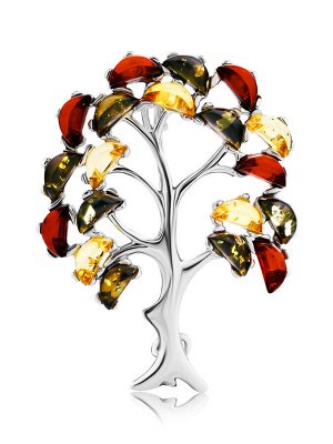 Эффектная брошь «Древо жизни» из натурального янтаря разных оттенков