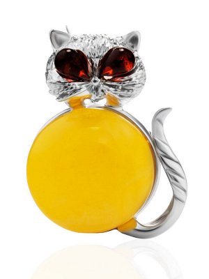Забавная брошь из серебра и медового янтаря «Котик»