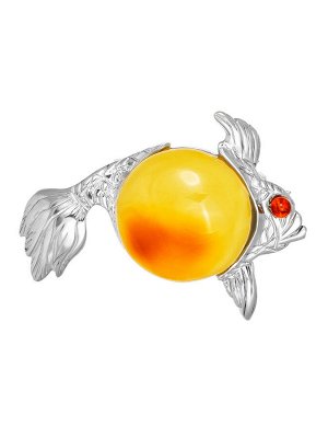 Брошь из серебра и натурального цельного янтаря медового цвета «Рыбка»