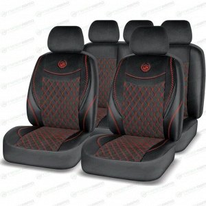 Чехлы AUTOPREMIER Modern для передних и задних сидений, алькантара и экокожа, черный цвет с красной прострочкой, 11 предметов