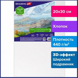 Холст 3D на подрамнике BRAUBERG ART CLASSIC 20х30см, 440г/м, грунт, 100% хлопок мелкое зерно, 191662