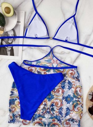 Синий купальник бикини + пляжная юбка-саронг с цветочным принтом