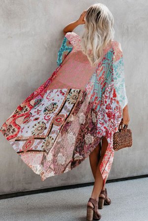 Разноцветное пляжное кимоно с цветочным принтом