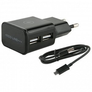 Заряд. устр. сетевое Red Line NT-2A, 2 USB, 2,1A черный + кабель microUSB