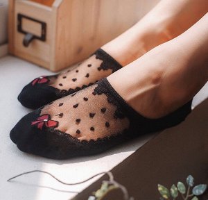 Enjoy The Socks Style GGORANGNAE Носочки женские короткие ЧЕРНЫЕ С БАНТОМ узор двойной силиконовый фиксатор пятки, 1 пара (35-38р)