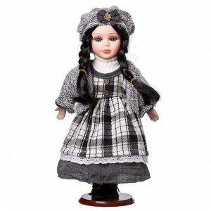 Кукла коллекционная керамика "Брюнетка с косами, в светло-сером наряде в клетку" 30 см
