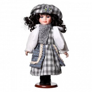 Кукла коллекционная керамика "Брюнетка с кудрями, в сером наряде в клетку" 30 см
