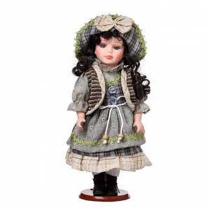 Кукла коллекционная керамика "Брюнетка с кудрями в серо-синем наряде" 30 см