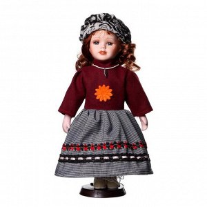 Кукла коллекционная керамика "Рыжая в бордовой кофте и юбке в клетку" 30 см
