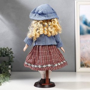 Кукла коллекционная керамика "Блондинка с кудрями, розовая юбка и голубой пиджак" 40 см