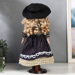 Кукла коллекционная керамика "Блондинка с кудрями, фиолетовый полосатый сарафан" 40 см