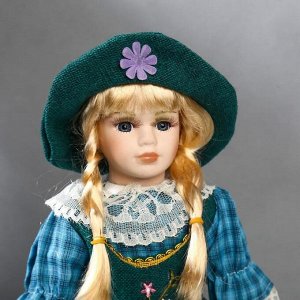 Кукла коллекционная керамика "Блондинка с косами, зелёный сарафан и платье в клетку" 40 см