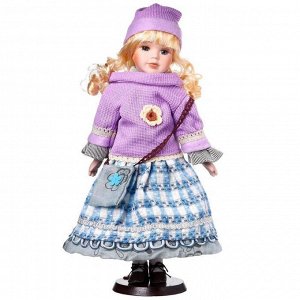Кукла коллекционная керамика "Блондинка с кудрями, сиреневый свитер и шапочка" 40 см