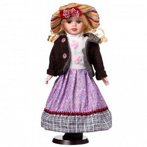 Кукла коллекционная керамика "Блондинка с кудрями, сиреневая юбка, шляпка полоски" 40 см