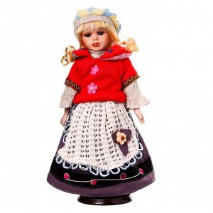 Кукла коллекционная керамика "Блондинка с кудрями, алый свитер с цветочками" 40 см