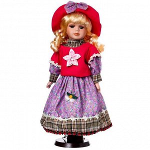 Кукла коллекционная керамика "Блондинка с кудрями, розовая свитер, юбка сирень" 40 см