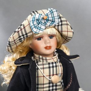 Кукла коллекционная керамика "Блондинка с кудрями, наряд в клеточку с бантами" 40 см