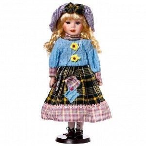 Кукла коллекционная керамика "Блондинка с кудрями, в голубом свитере с цветочками" 40 см