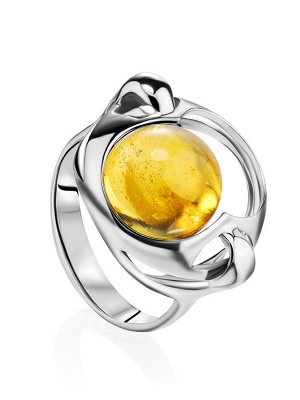 Стильное серебряное кольцо с круглой вставкой из натурального искрящегося лимонного янтаря «Орион»