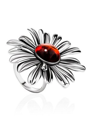 Яркое объёмное кольцо «Ромашка» из серебра и тёмно-вишнёвого янтаря