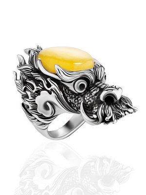 Роскошный мужской перстень «Дракон» из серебра и янтаря медового цвета