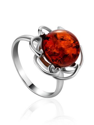 Воздушное серебряное кольцо с натуральным янтарём коньячного цвета «Ромашка»
