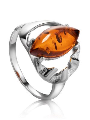 Оригинальное кольцо «Рапсодия» из серебра и янтаря коньячного цвета