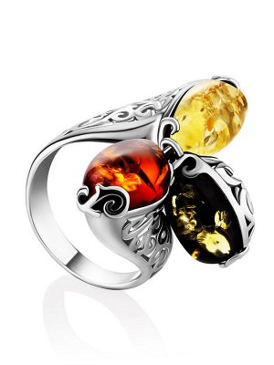 Оригинальное ажурное кольцо с натуральным янтарём трёх цветов «Касабланка»
