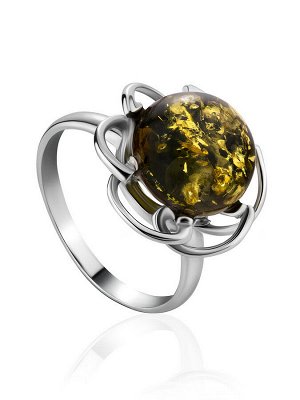Нежное серебряное кольцо с натуральным зелёным янтарём «Ромашка»