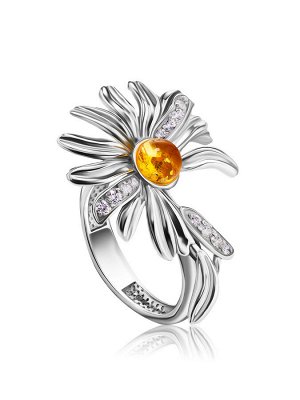 Красивое и необычное кольцо «Ромашка» из серебра с янтарём