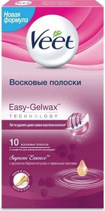VEET Восковые полоски с аром бархат розы и эфирн.маслами c технологией Easy Gel-wax 10 шт